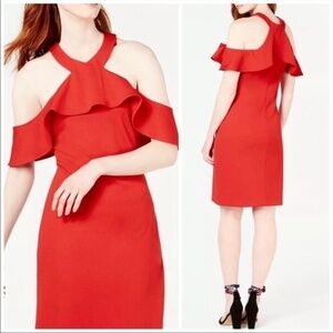 Trina Turk Jurnee Ruffled Cold Shoulder Dress Red